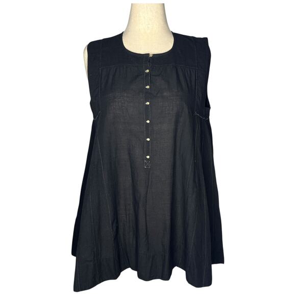 Injiri Tunic 42 US XL Black Cotton Sleeveless Button Henley Trapeze Boho India - Picture 1 of 11
